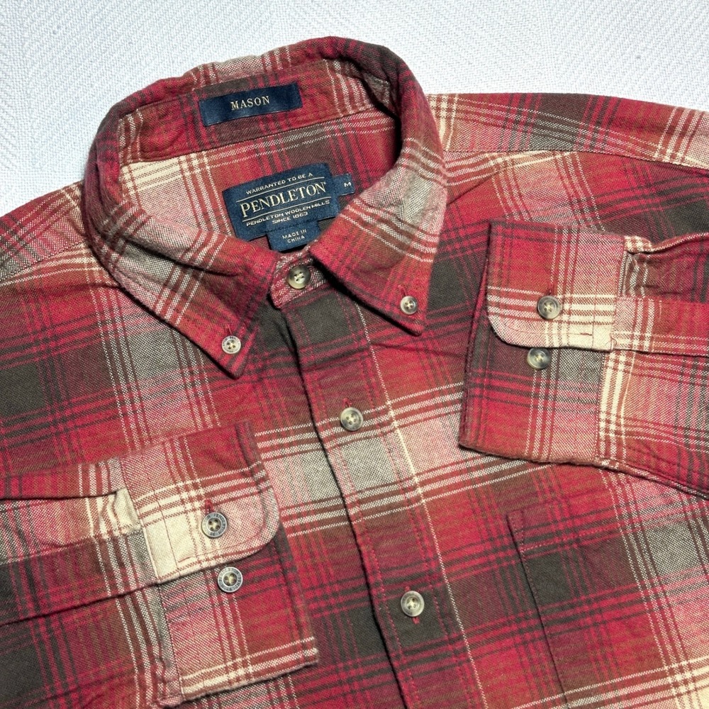 Pendleton MasonButton Down Shirt Mens Medium Cotton Flannel Red Brown Plaid